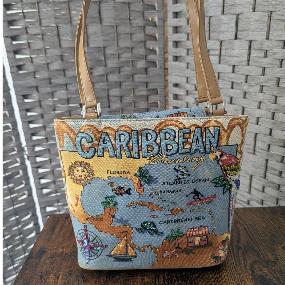 Caribbean Cruising Tote Blue Tapestry Sequin Map Shoulder Bag Vacay Travel